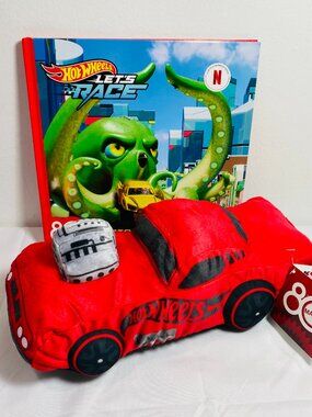 NEW! Hot Wheels Lot of 2: 12" Plush Car + HC Book "Let's Race - Octopus Attack"